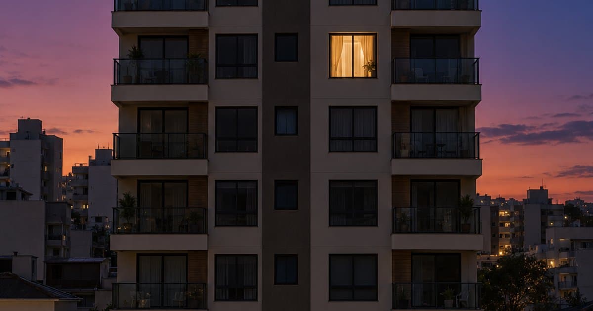 Prédio residencial à noite com uma única janela acesa entre dezenas apagadas, a hora em que chegam as conversas dos anúncios no WhatsApp