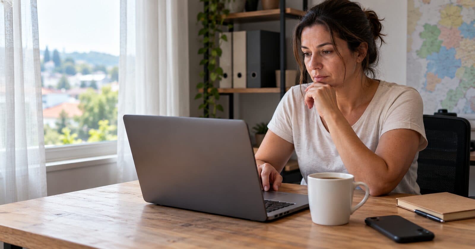 Empresária analisando no notebook como anunciar no Google para negócio local, em escritório iluminado por luz natural