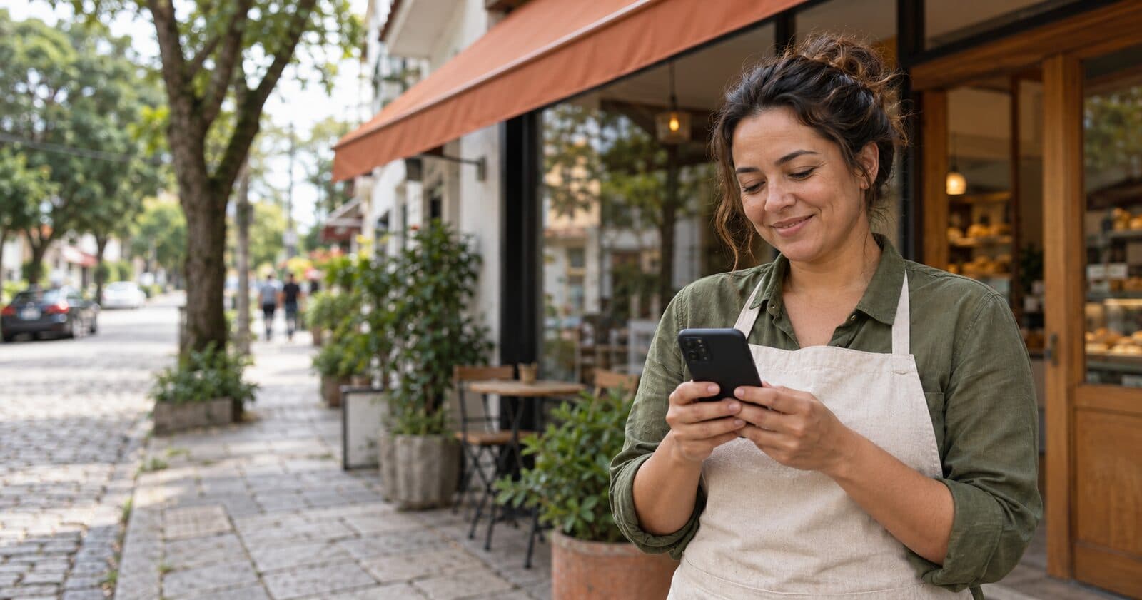 Dona de uma pequena cafeteria segurando o celular em frente à fachada, ilustrando como colocar minha empresa no Google Maps passo a passo