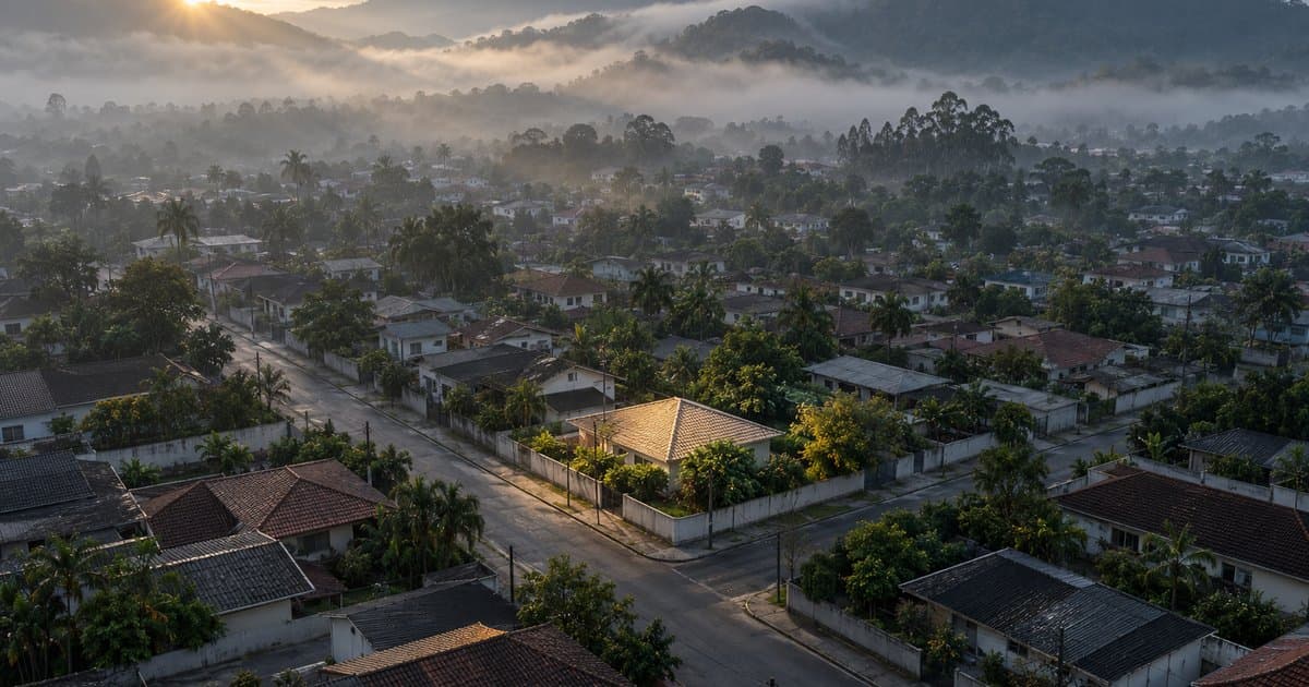 Bairro visto de cima ao amanhecer, com um único telhado iluminado em meio à neblina: como fazer minha empresa aparecer no Google