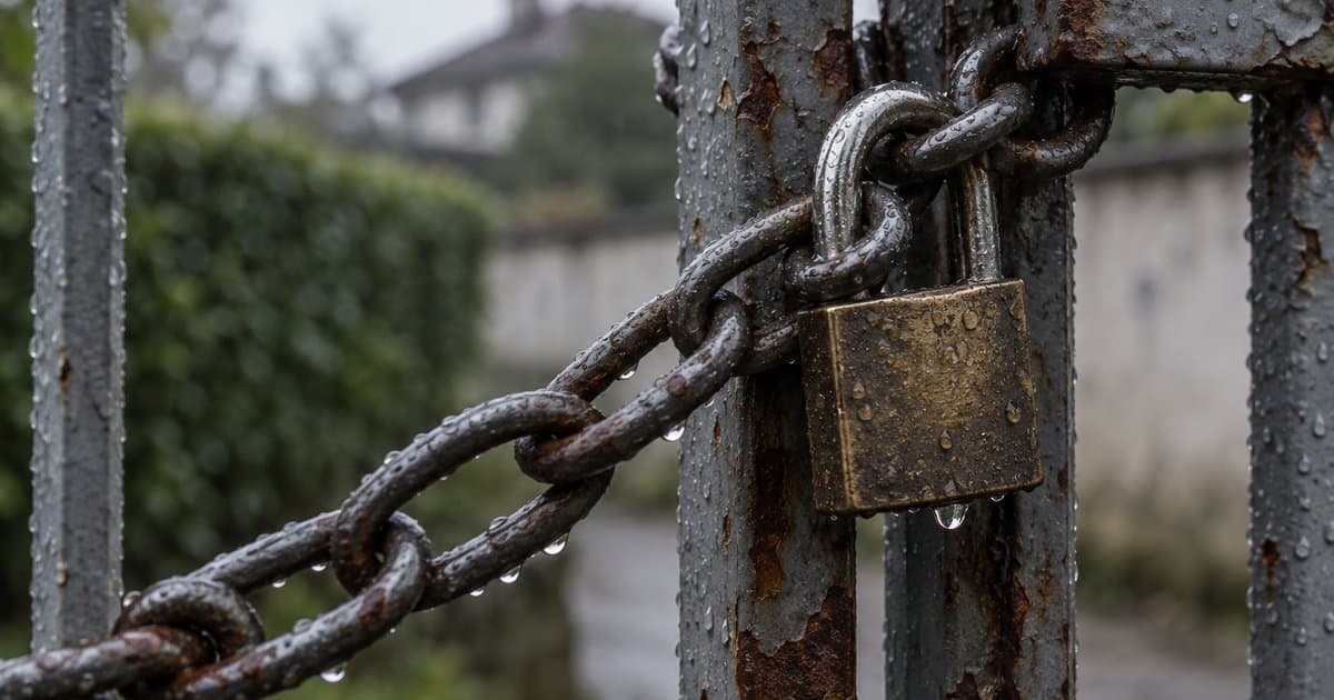 Cadeado fechado em corrente de portão de ferro com gotas de chuva, sobre quem tem a chave ao escolher empresas que criam site