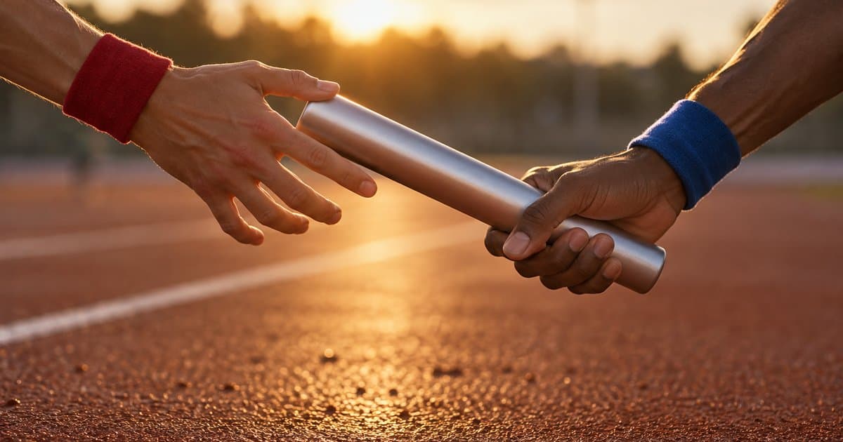 Duas mãos passam um bastão de revezamento na pista ao pôr do sol, como o agente de IA para WhatsApp passa a conversa a uma pessoa.