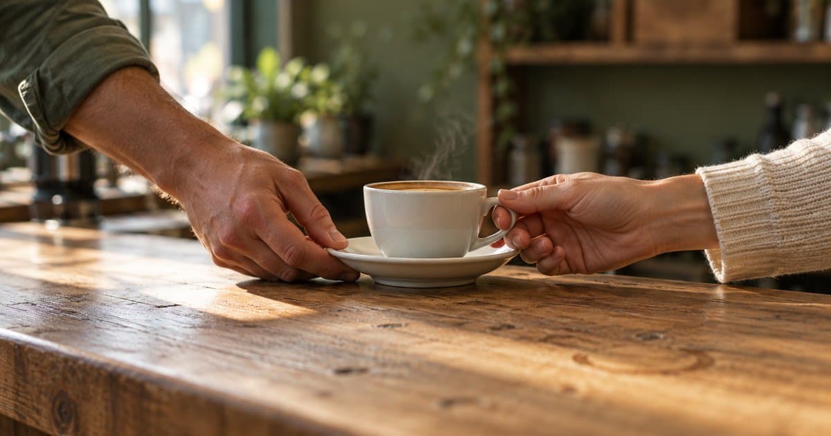 Duas mãos trocando uma xícara de café sobre o balcão, o gesto de bom atendimento por trás das avaliações no Google