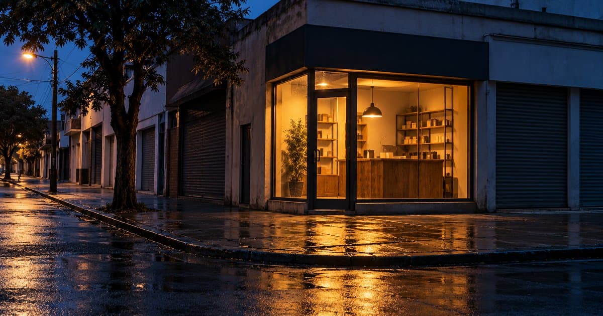Loja de bairro com a única vitrine acesa da rua na hora azul, como um chatbot para WhatsApp que segue atendendo à noite