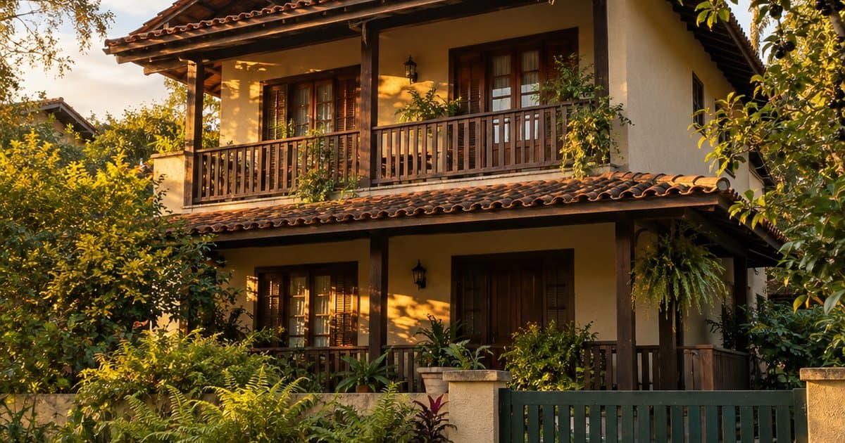 Sobrado de paredes cor de areia, com varanda e jardim ao fim da tarde, o tipo de imóvel que um site para imobiliária precisa mostrar.