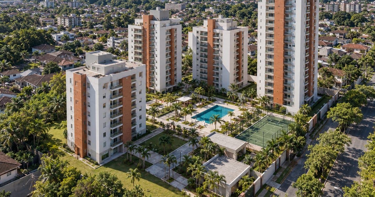 Condomínio de torres residenciais com piscina visto de drone num dia claro, cenário de tráfego pago para imobiliária.