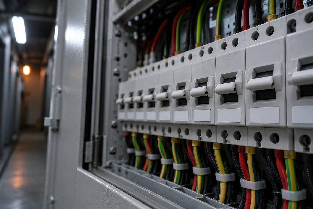 Quadro de disjuntores aberto com fios em feixes e etiquetas em branco. Tudo para explicar agente de IA para WhatsApp.