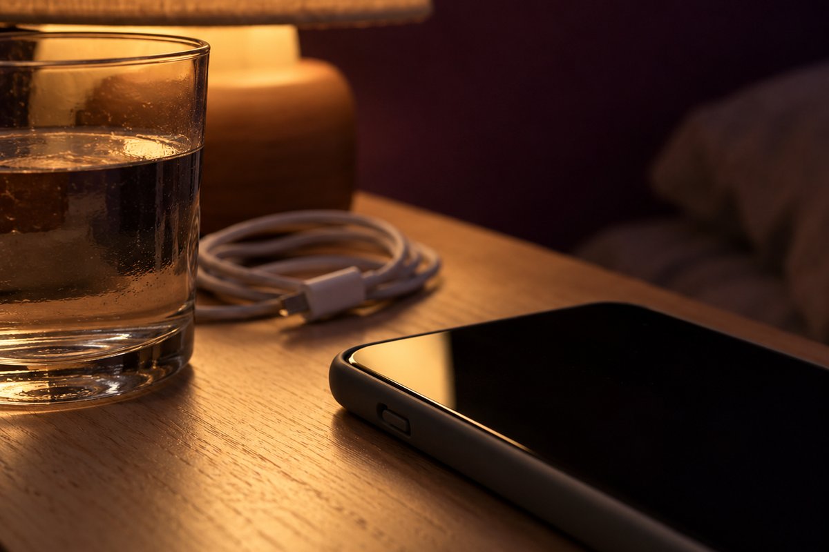 Celular de tela apagada sobre a mesa de cabeceira, ao lado de um copo d'água e de um abajur aceso, num quarto escuro