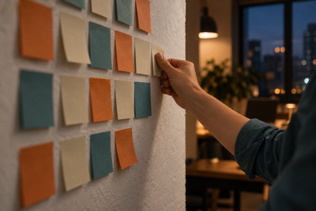 Mão pressionando um post-it em branco no fim de uma grade de post-its alinhados numa parede branca, vista de perfil