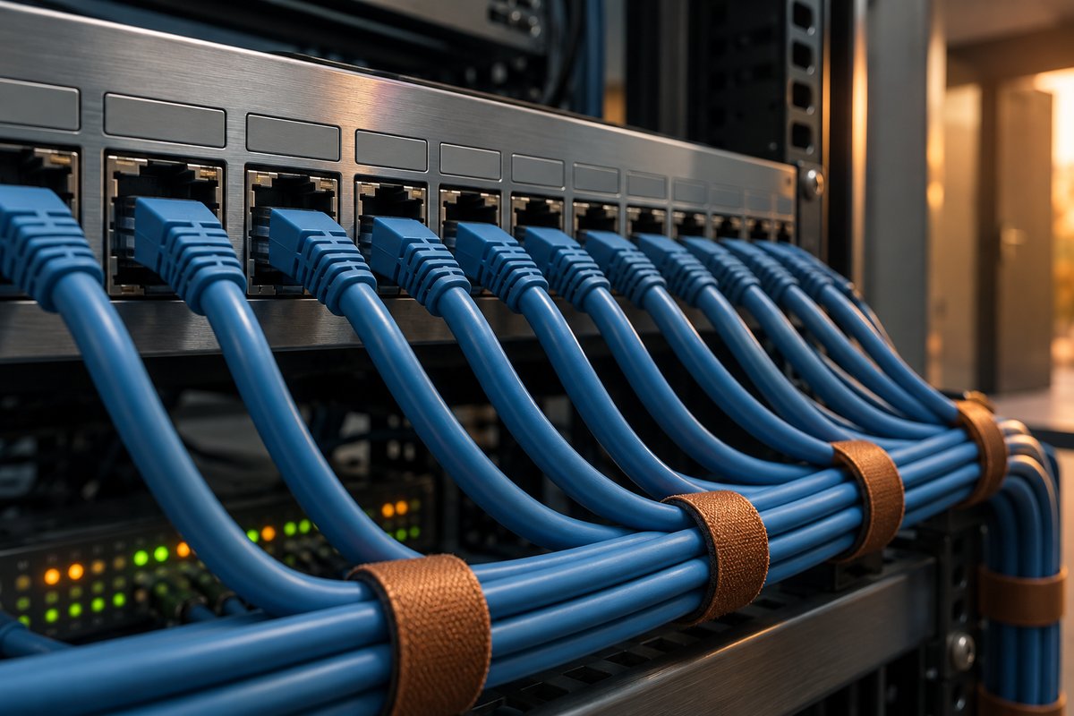 Cabos de rede azuis presos com velcro cobre e alinhados num patch panel dentro de um rack, em close