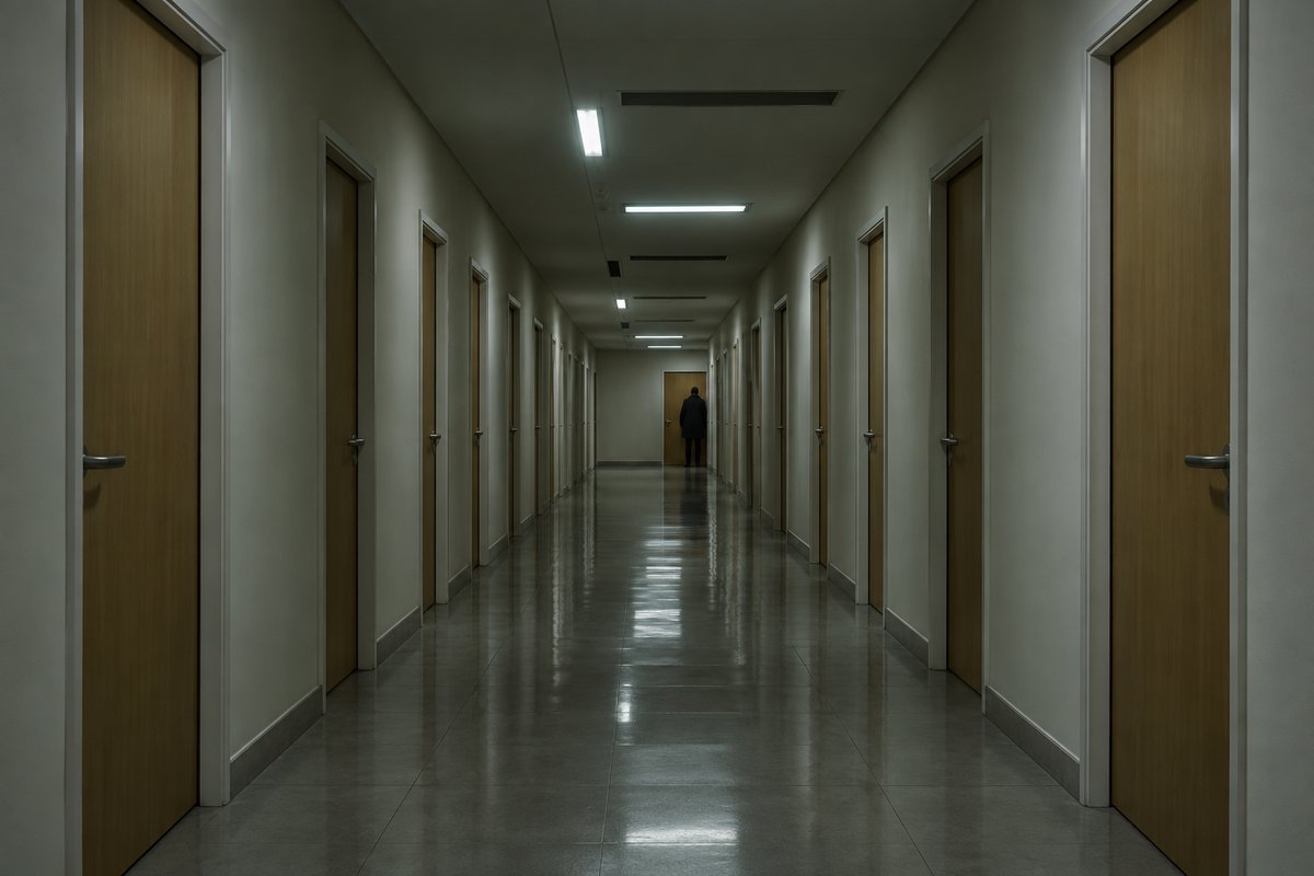 Corredor comprido de prédio comercial com portas todas iguais e uma pessoa minúscula, de costas, ao fundo sob luz fria.