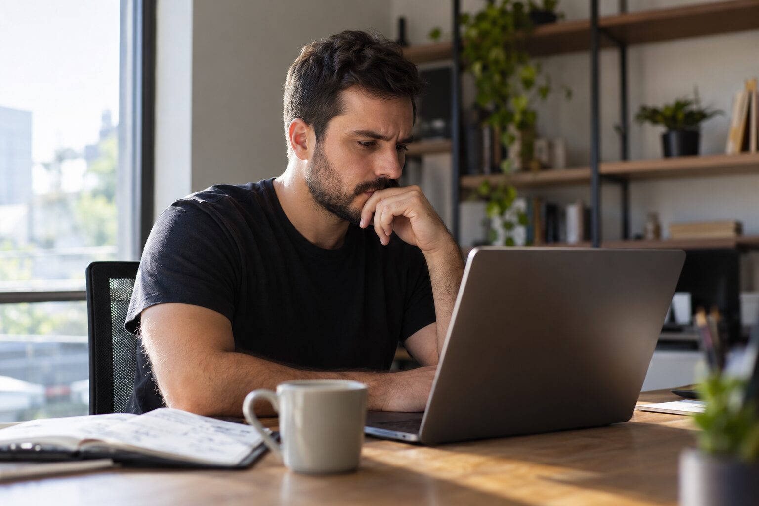 Profissional de marketing analisando atentamente um relatório no notebook em escritório iluminado pela luz da manhã