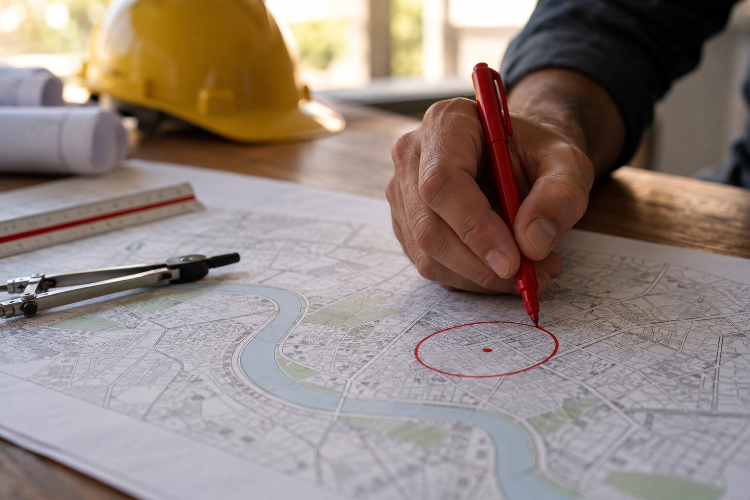 Mão desenhando à caneta um círculo vermelho sobre um mapa de bairros impresso para definir a área de atendimento