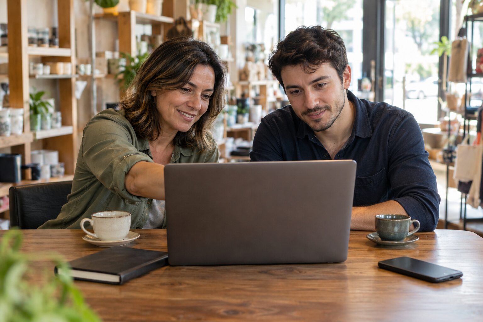 Dona de um pequeno negócio conversando com um consultor de marketing diante de um notebook em uma loja