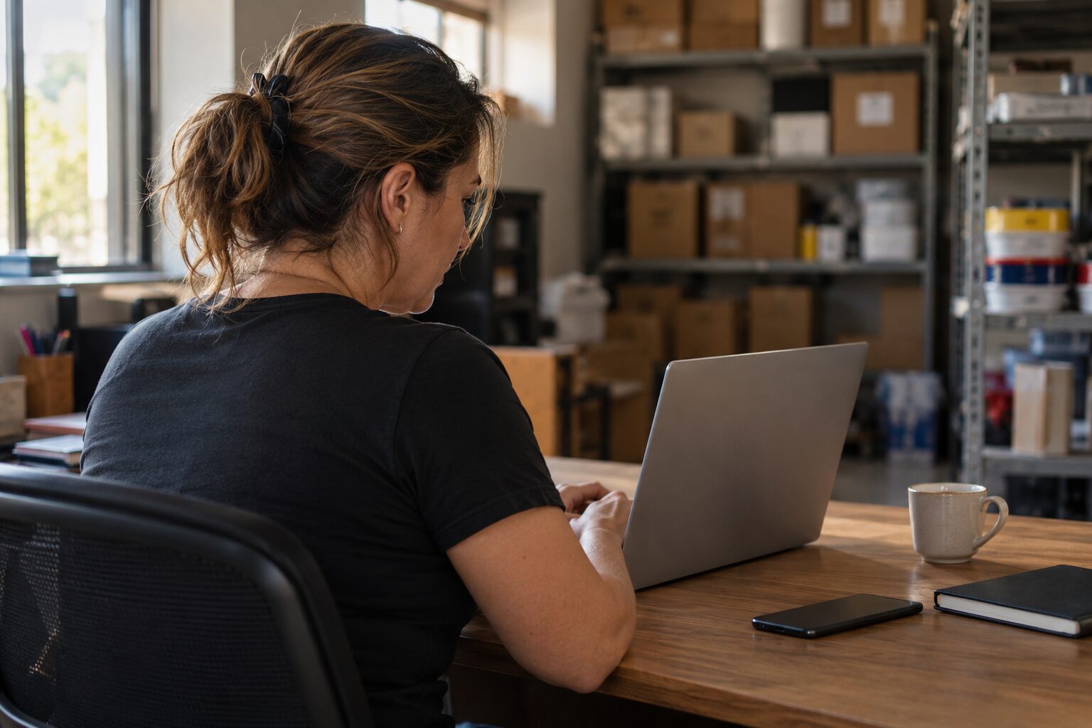 Dona de loja digitando em um notebook no escritório dos fundos, com celular e café sobre a mesa. Tudo para explicar como colocar minha empresa no Google.