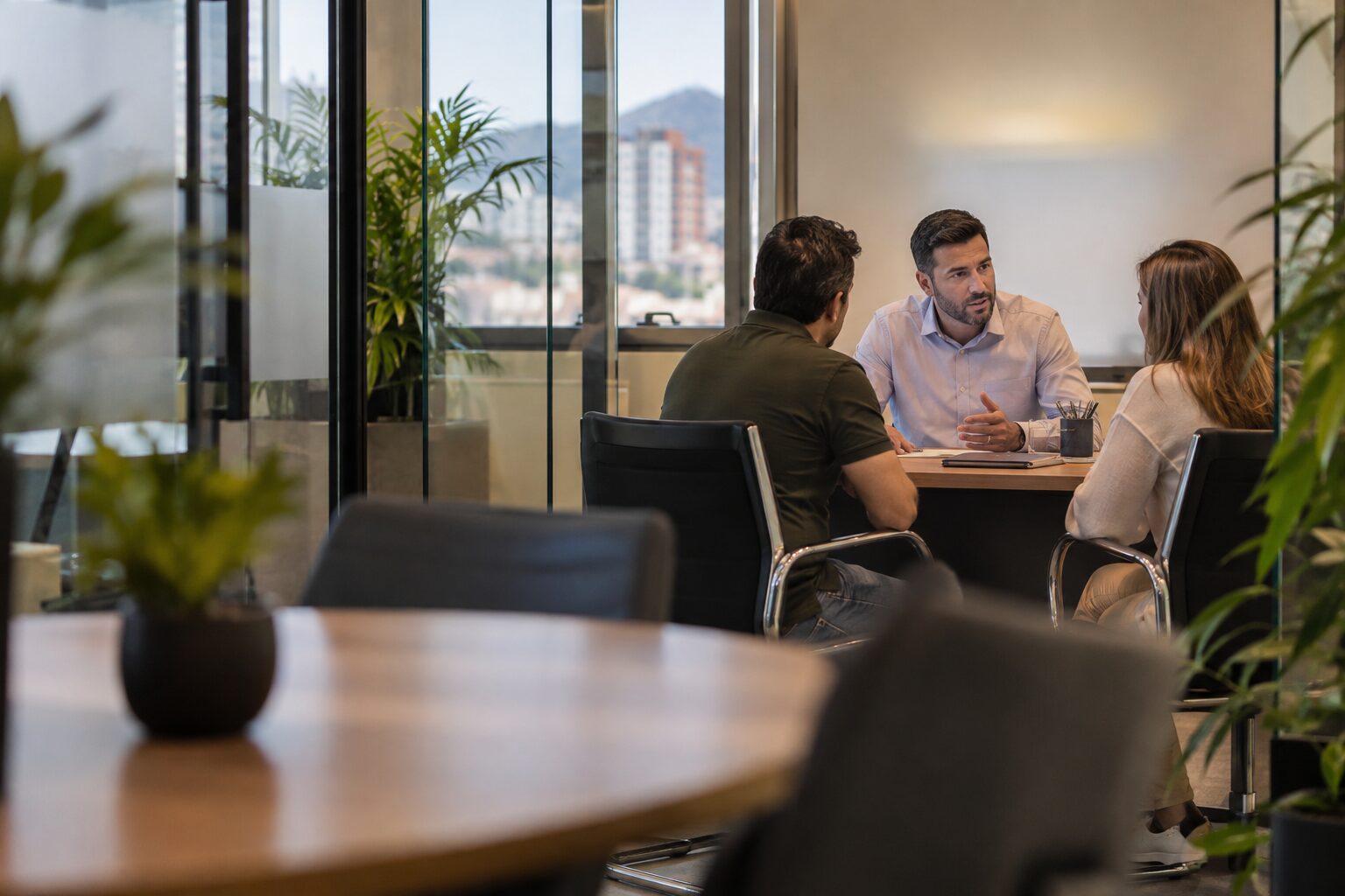 Consultor atendendo um casal em escritório com divisórias de vidro, cenário em que a categoria do perfil precisa descrever o que a empresa vende.