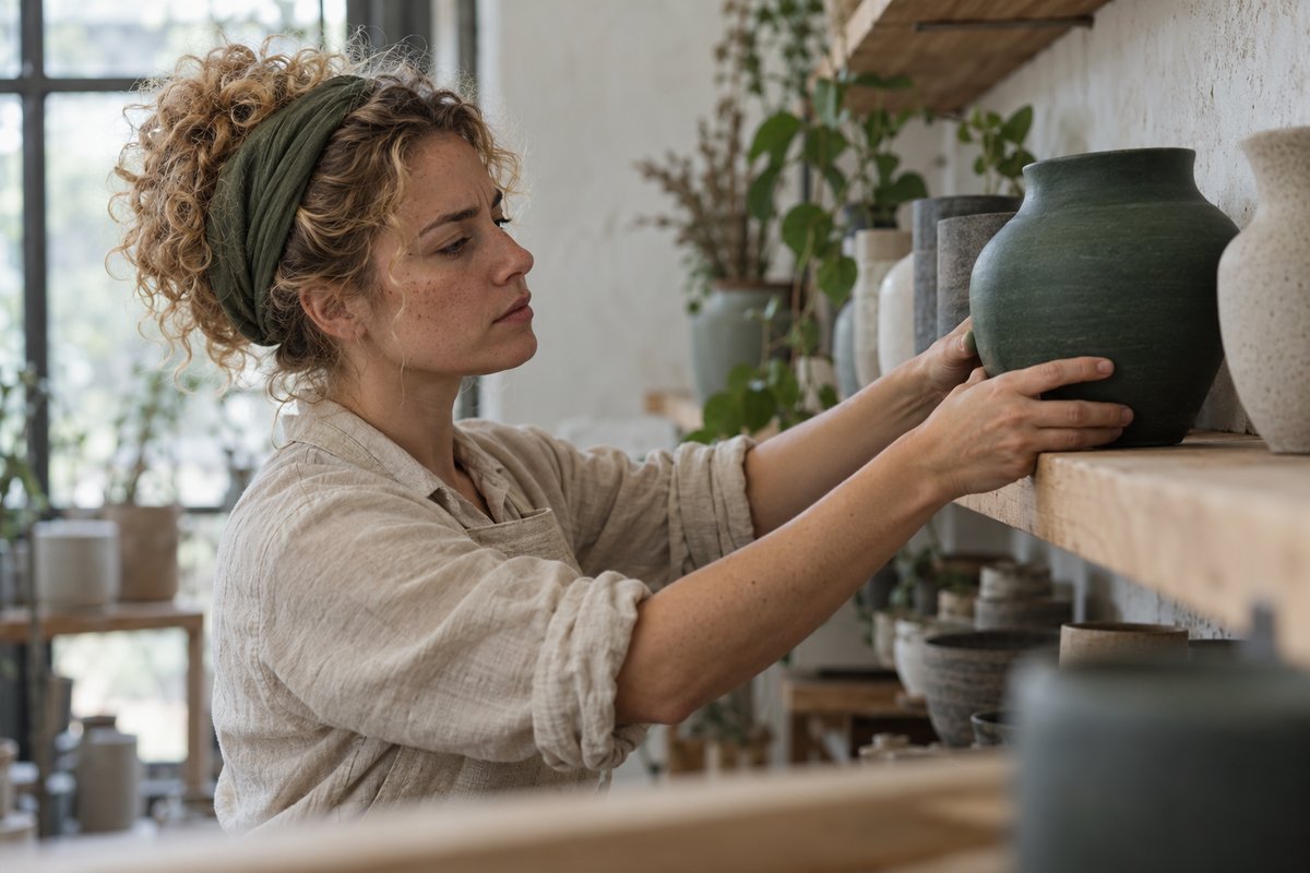 Lojista puxa um vaso verde para a frente dos demais na prateleira. Tudo para explicar como fazer minha empresa aparecer no Google.