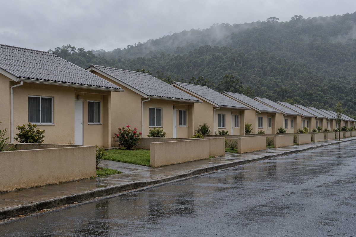 Fileira de casas térreas idênticas de um conjunto habitacional, em ângulo oblíquo, sob garoa e céu encoberto
