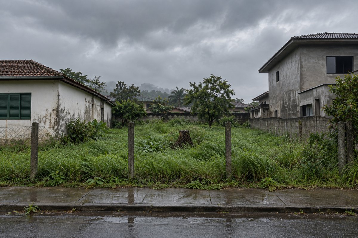 Terreno vazio cercado por arame, com grama alta, entre duas casas diferentes, depois da chuva. Tudo para explicar empresas que criam site.