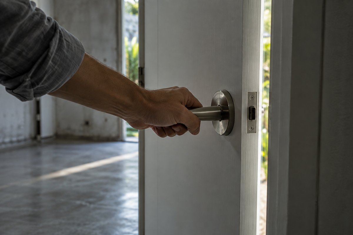 Mão girando a maçaneta de alavanca de uma porta branca entreaberta, numa casa-modelo, em contraluz