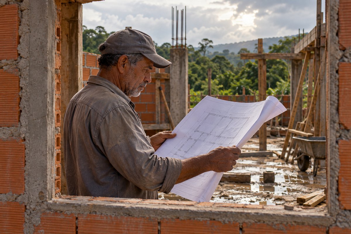 Mestre de obras de boné liso lendo uma planta desenrolada dentro de uma casa em construção, visto pelo vão de uma janela
