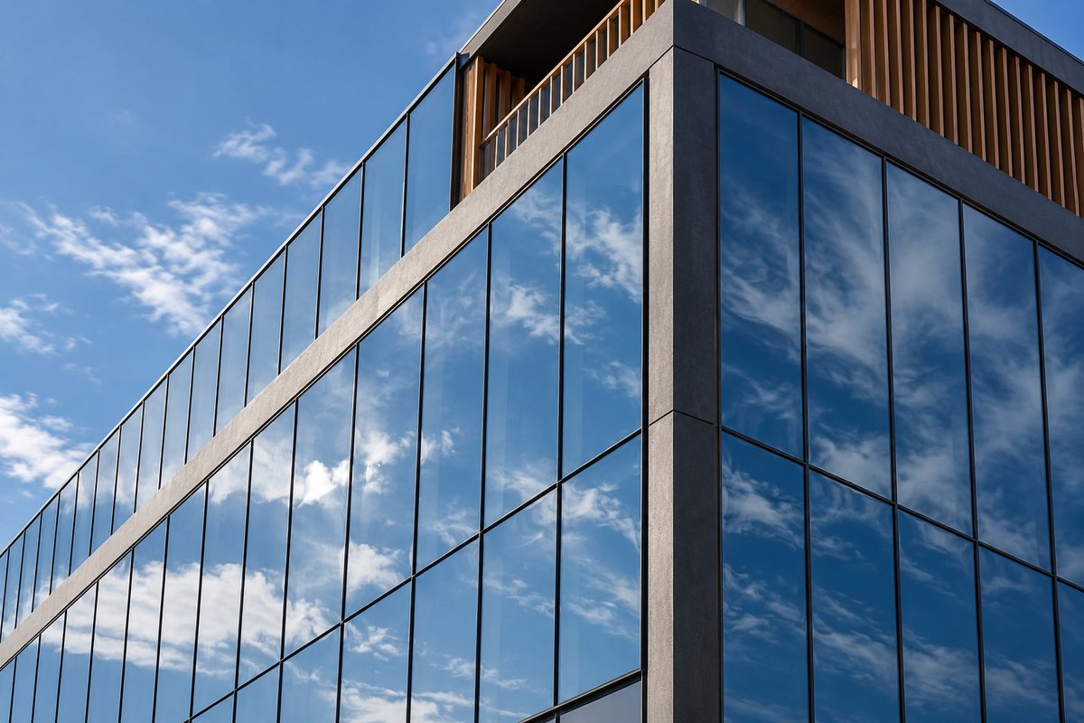 Fachada envidraçada de um edifício comercial, com painéis em azul-aço refletindo o céu e linhas verticais paralelas.