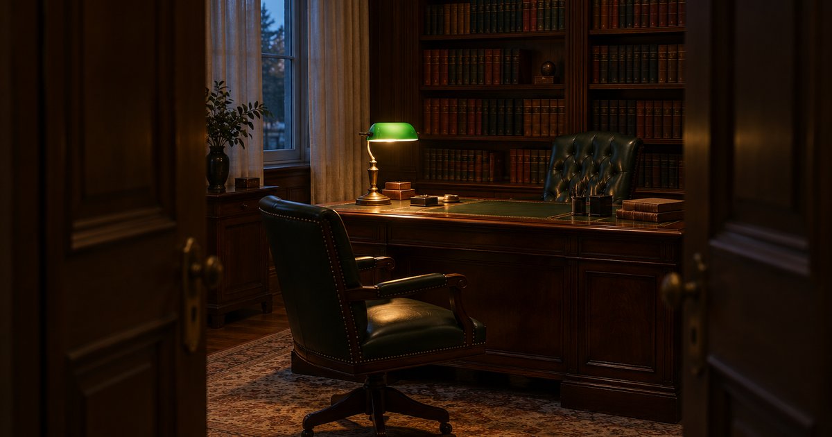 Escritório de advocacia vazio, com mesa de mogno, estante e poltrona sob luz de abajur: marketing para advogados com sobriedade.
