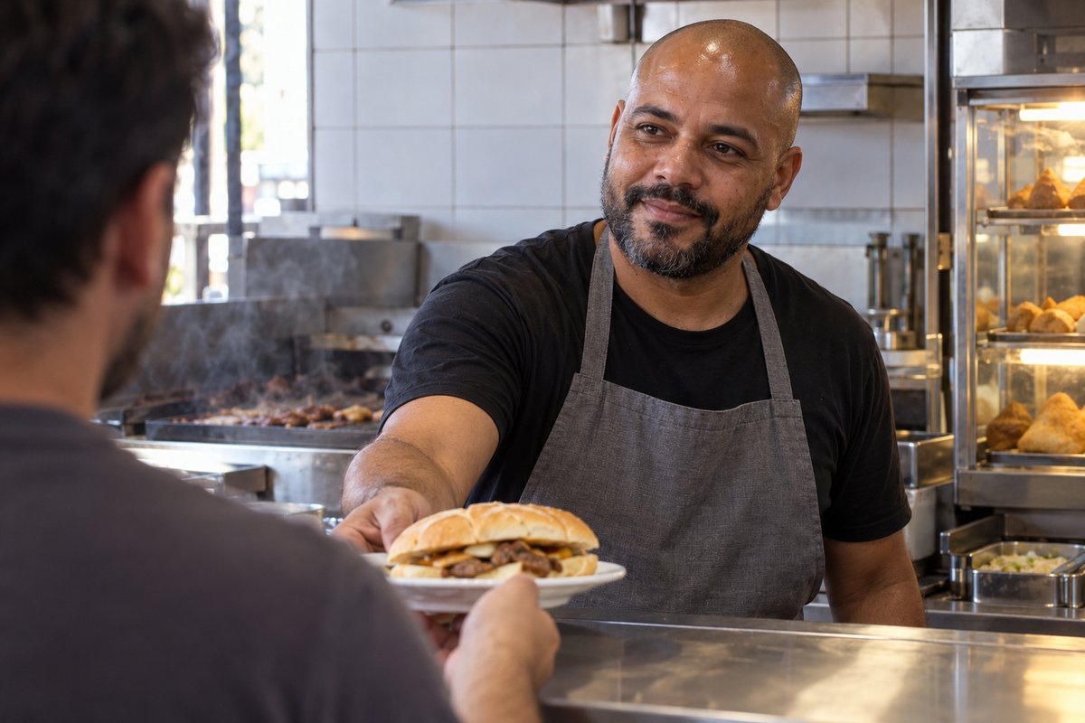 Dono de lanchonete de cabeça raspada e barba entregando um prato a um cliente de costas, no balcão de inox, na hora do almoço