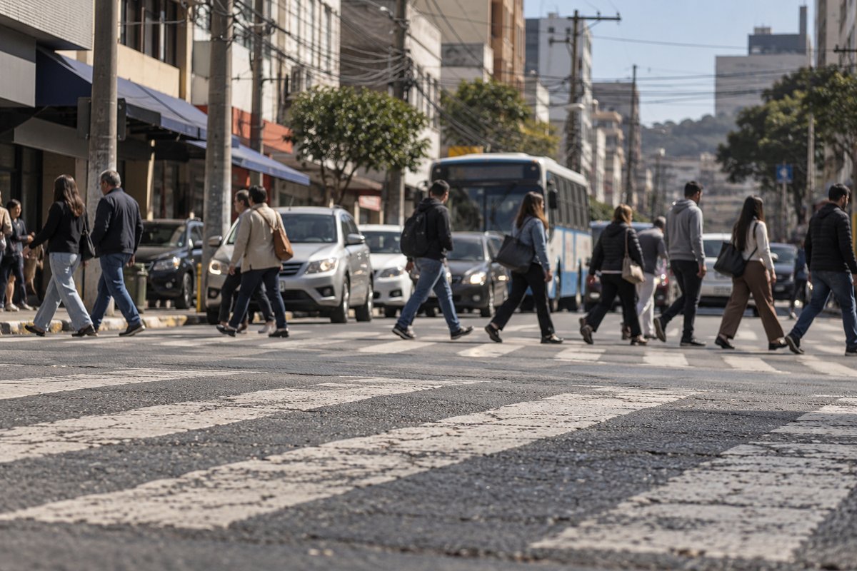 Pedestres pequenos atravessando uma faixa de pedestres no centro, comprimidos pela teleobjetiva, sob o sol do fim da manhã