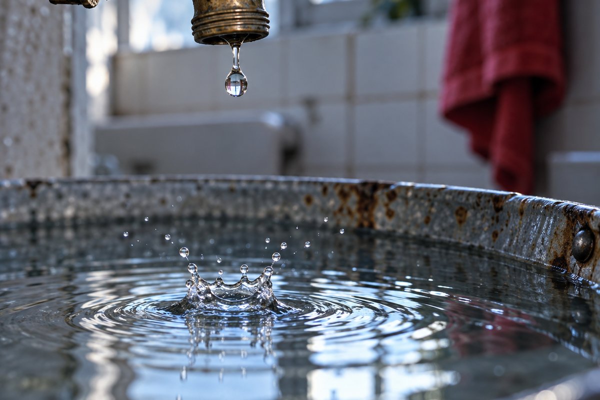 Gota se soltando de uma torneira de latão e caindo em um balde de metal com água. Tudo para explicar quanto custa anunciar no Google.