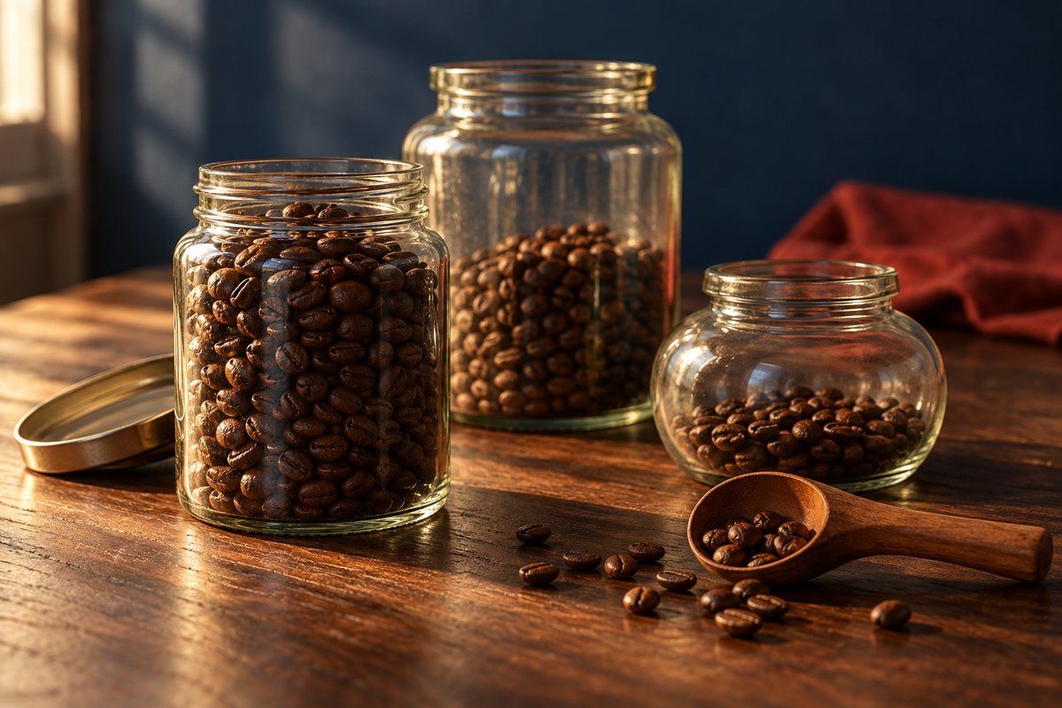 Três potes com grãos de café em níveis diferentes, do quase cheio ao quase vazio, sobre uma mesa de madeira escura