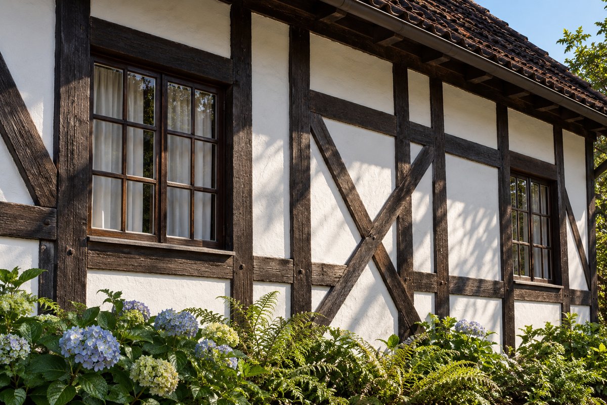 Detalhe de uma casa em enxaimel, com vigas de madeira escura em diagonal sobre paredes brancas, sob sol de manhã.