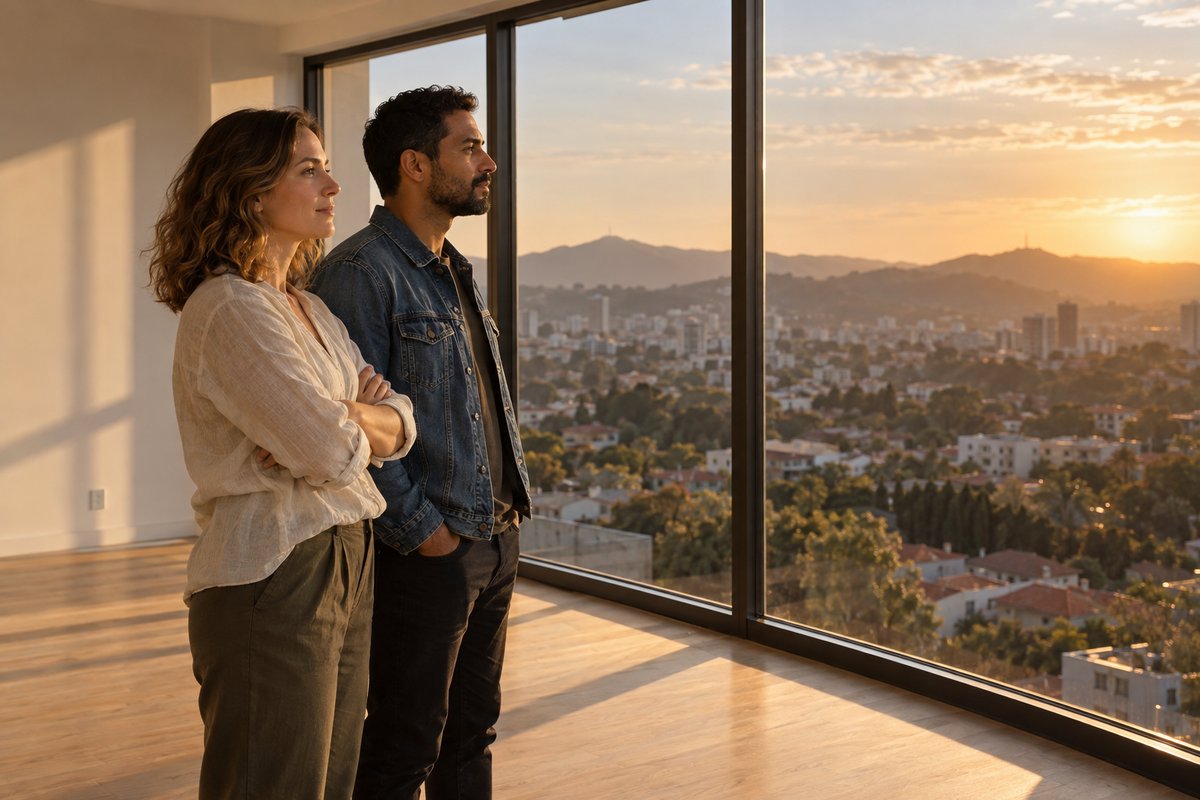 Casal em pé num apartamento vazio, olhando juntos pela janela panorâmica na luz dourada do fim de tarde.