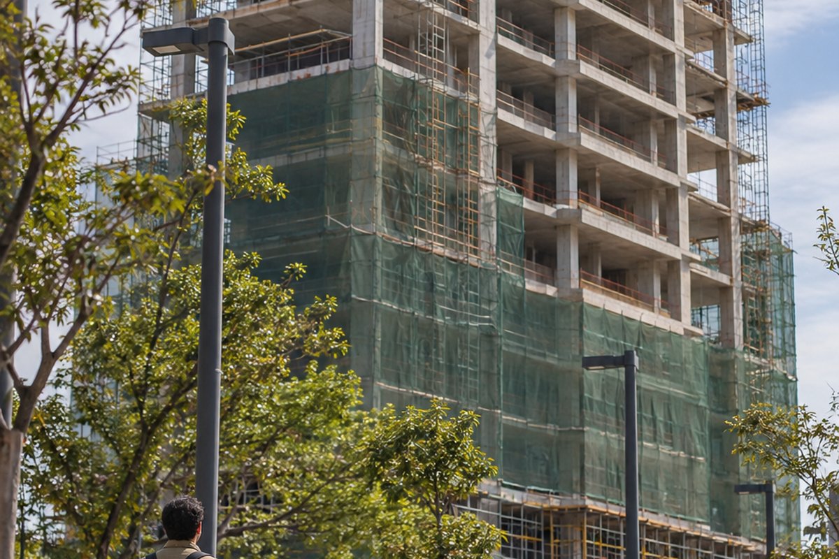 Pessoa de costas na calçada olhando para um prédio em construção com grua ao fundo. Tudo para explicar tráfego pago para imobiliária.